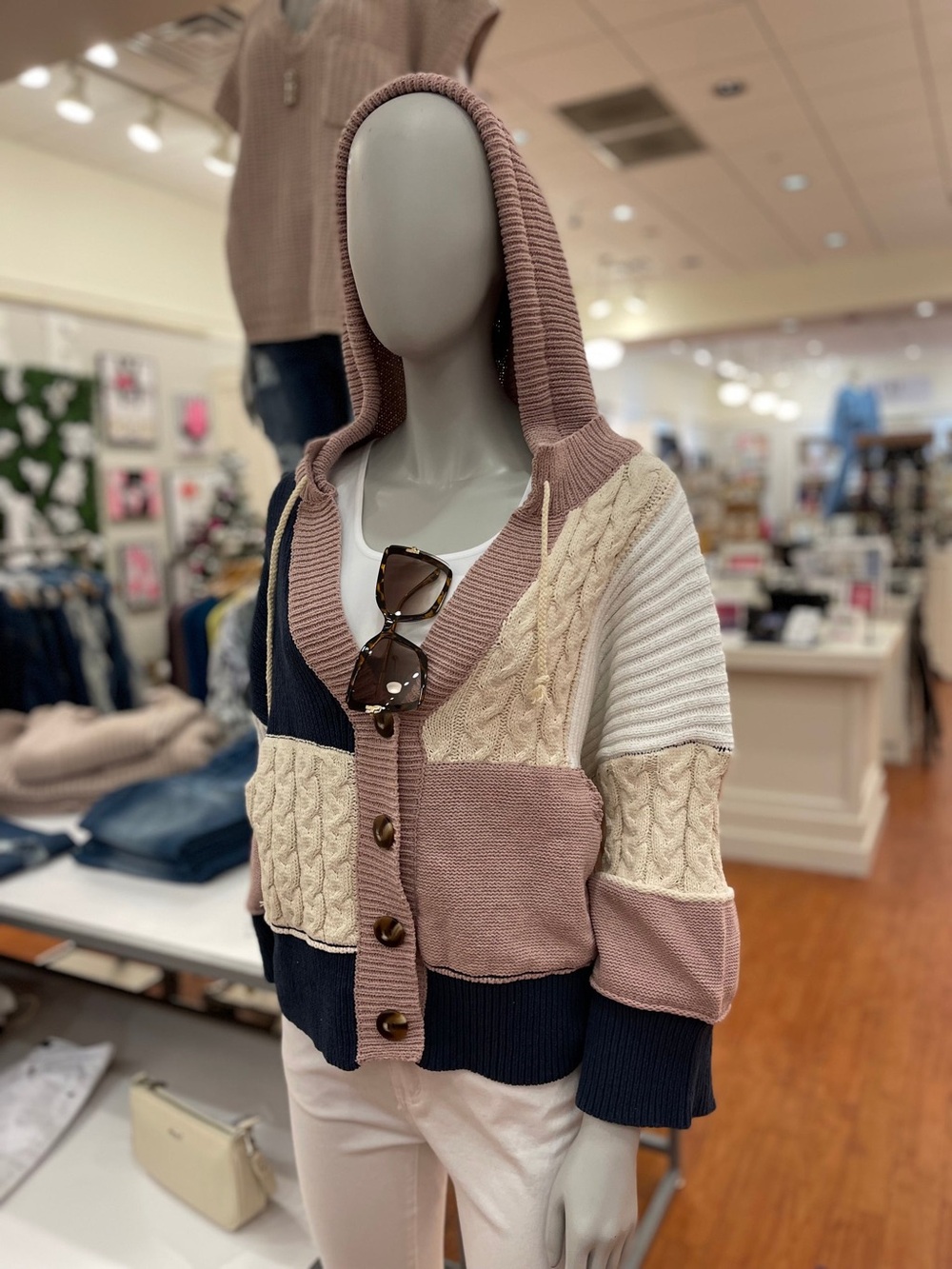 POL mixed media patchwork hooded cardigan sweater